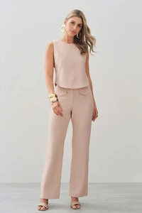 Conjunto de Alfaiataria de Blusa Regata Crop Recorte Calça Reta Aba Botões Forrados Double