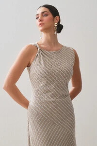 Vestido Midi Regata Assimétrica Listrado Um Ombro Torcido