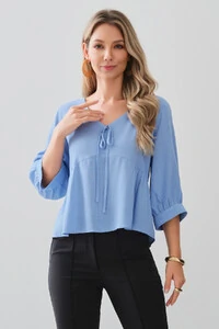 Blusa Manga 3/4 Punho Decote V Laço Recorte Busto