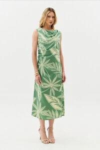 Vestido Midi Regata Assimétrico Drapeado Folhagem Ombro Lateral Franzidos