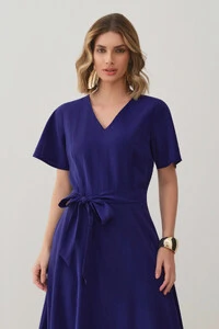 Vestido Midi Evasê Manga Abertura Decote V Cinto