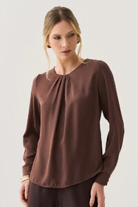 Blusa Manga Longa Punho Decote Pregas