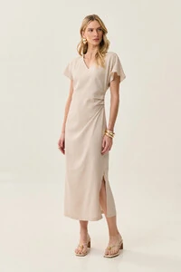 Vestido Midi Assimétrico de Linho Manga Morcego Decote V Lateral Pregas