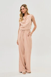 Conjunto de Alfaiataria de Regata Decote Drapeado Ombro Pregas Double e Pantalona Cinto Fino