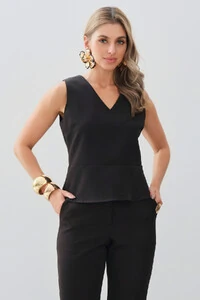 Conjunto de Alfaiataria de Blusa Regata Decote V Recorte e Calça Flare Botão Forrado