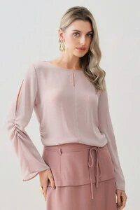 Blusa de Chiffon Yoryu Decote Gota Manga Longa Evasé Cut Out Franzida