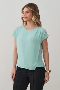 Blusa Dupla Assimétrica Transpassada Manga Morcego Ombro Esquerdo Pregas Triple