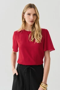 Blusa Manga Evasê Decote Redondo Ombro Prega