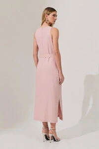 Vestido Midi Regata de Linho Decote Quadrado Fendas Laterais Cinto Fivela