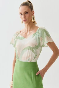 Blusa Abstrata Manga Raglan Decote Coração Ombro Elástico