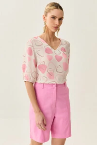 Blusa Abstrata Triângulo Manga 3/4 Elástico Decote V