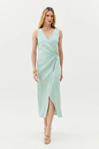 Vestido Midi Regata Transpassado de Linho Lateral Franzida Gold