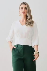 Blusa Crop Manga 3/4 Decote V Cintura Pregas Double