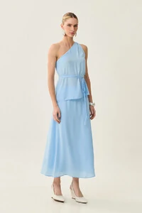 Conjunto de Blusa Regata Assimétrica Um Ombro Só Prega Cinto e Saia Midi