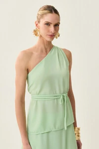 Conjunto de Blusa Regata Assimétrica Um Ombro Só Prega Cinto e Saia Midi