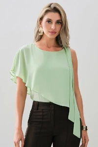 Blusa Assimétrica Dupla Transpassada Um Ombro Só Laço
