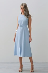 Vestido Midi Regata de Alfaiataria Recortes Cinto Fivela Forrada Fenda Frontal