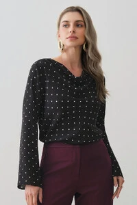Blusa Poa Manga Longa Evasê Gola Drapeada