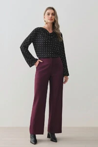Blusa Poa Manga Longa Evasê Gola Drapeada