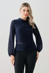 Blusa Dupla Transpassada Assimétrica de Chiffon Yoryu Manga Longa Gola Dobrada