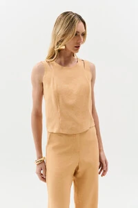 Conjunto de Blusa Regata Crop Ombro Cut Out Recorte e Calça Reta Botão Forrado