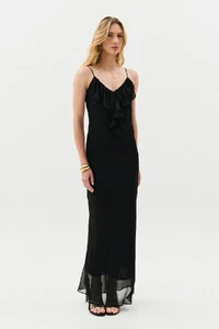 Vestido Longo de Alcinha de Chiffon Yoryu Decote V Babado Laço