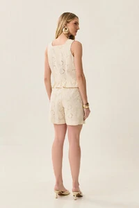 Conjunto de Laise de Algodão de Blusa regata Crop Decote Quadrado Babado e Shorts Pregas Double