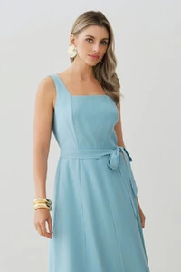 Vestido Midi de Alça Larga de Alfaitaria Decote Quadrado Recortes Cinto