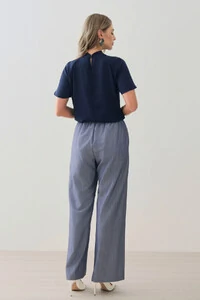 Calça Reta de Alfaiataria Cintura Elástico Botões Forrados Double