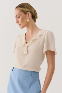 Blusa Manga Evasé Decote V Babado