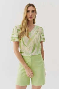 Blusa Folhagem Manga Dupla Decote V