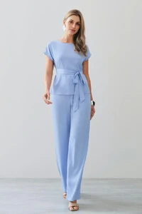 Conjunto de Blusa Manga Morcego Cinto e Calça Reta