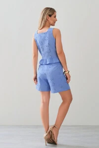 Conjunto de Laise de Algodão de Blusa regata Crop Decote Quadrado Babado e Shorts Pregas Double