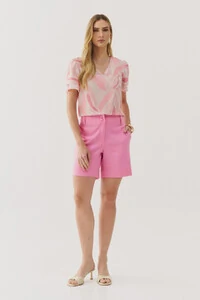 Blusa Folhagem Manga Dupla Decote V
