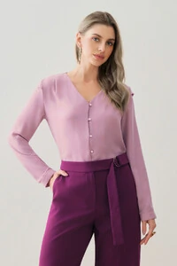 Camisa Manga Longa Punho Decote V Ombro Aba Mini Botões