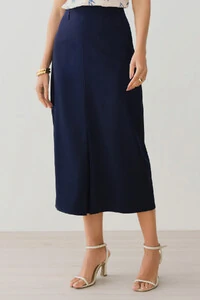Saia Midi Reta de Alfaiataria Recorte Prega Frontal