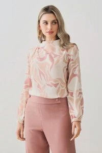 Blusa Assimétrica Abstrata Manga Longa Punho Double Gola Careca Baixa Ombro Direito Pregas Double