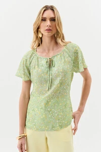 Blusa Floral Manga Raglan Decote Laço