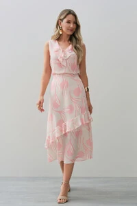 Conjunto Folhagem Poa de Blusa Regata Decote V Babado Laço e Saia Midi Babado Assimétrico