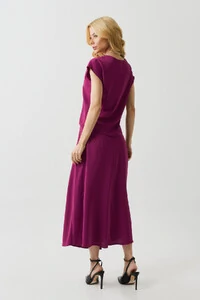 Conjunto Assimétrico de Blusa Manga Morcego Pregas Drapeada Saia Midi Evasê Drapeada