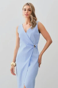 Vestido Midi Regata Transpassado de Linho Lateral Franzida Gold