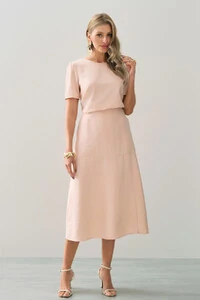 Conjunto de Blusa Manga Nervuras e Saia Midi Recorte Fenda Lateral