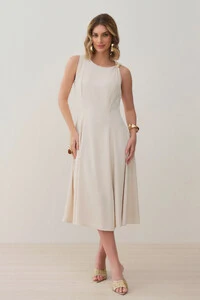 Vestido Midi Evasê Regata Assimétrico Pregas Ombro Esquerdo Gold
