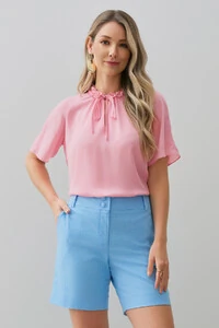 Blusa Manga Reglan Gola Babadinho Decote V Laço