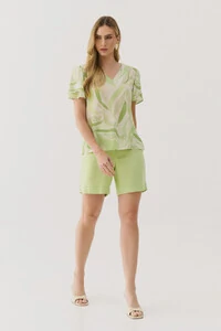 Blusa Folhagem Manga Dupla Decote V
