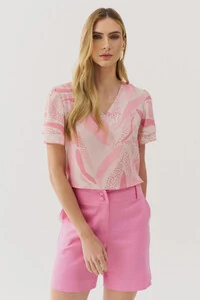 Blusa Folhagem Manga Dupla Decote V