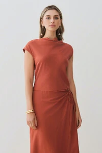 Vestido Midi Regata Transpassado Gola Drapeada Laço Lateral Drapeada