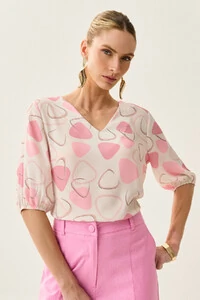 Blusa Abstrata Triângulo Manga 3/4 Elástico Decote V