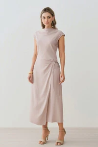 Vestido Midi Regata Transpassado Gola Drapeada Laço Lateral Drapeada