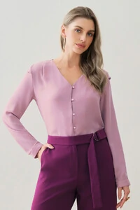 Camisa Manga Longa Punho Decote V Ombro Aba Mini Botões